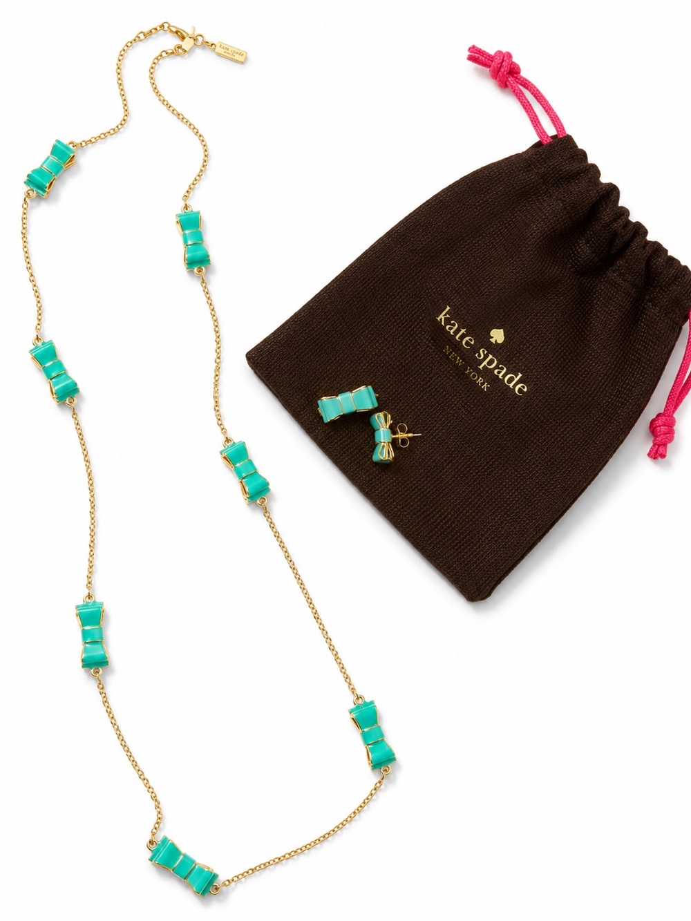 Kate Spade Turquoise Bow Jewelry Set Necklace Stud Earrings